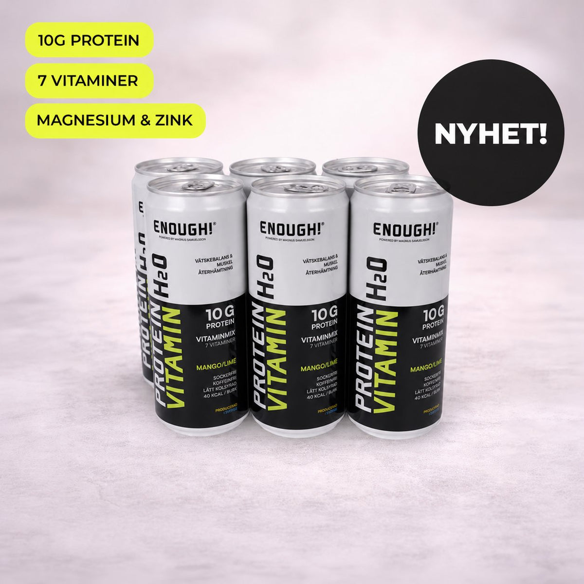 Produktbild med sex burkar Enough Protein & Vitamin H2O Mango/Lime