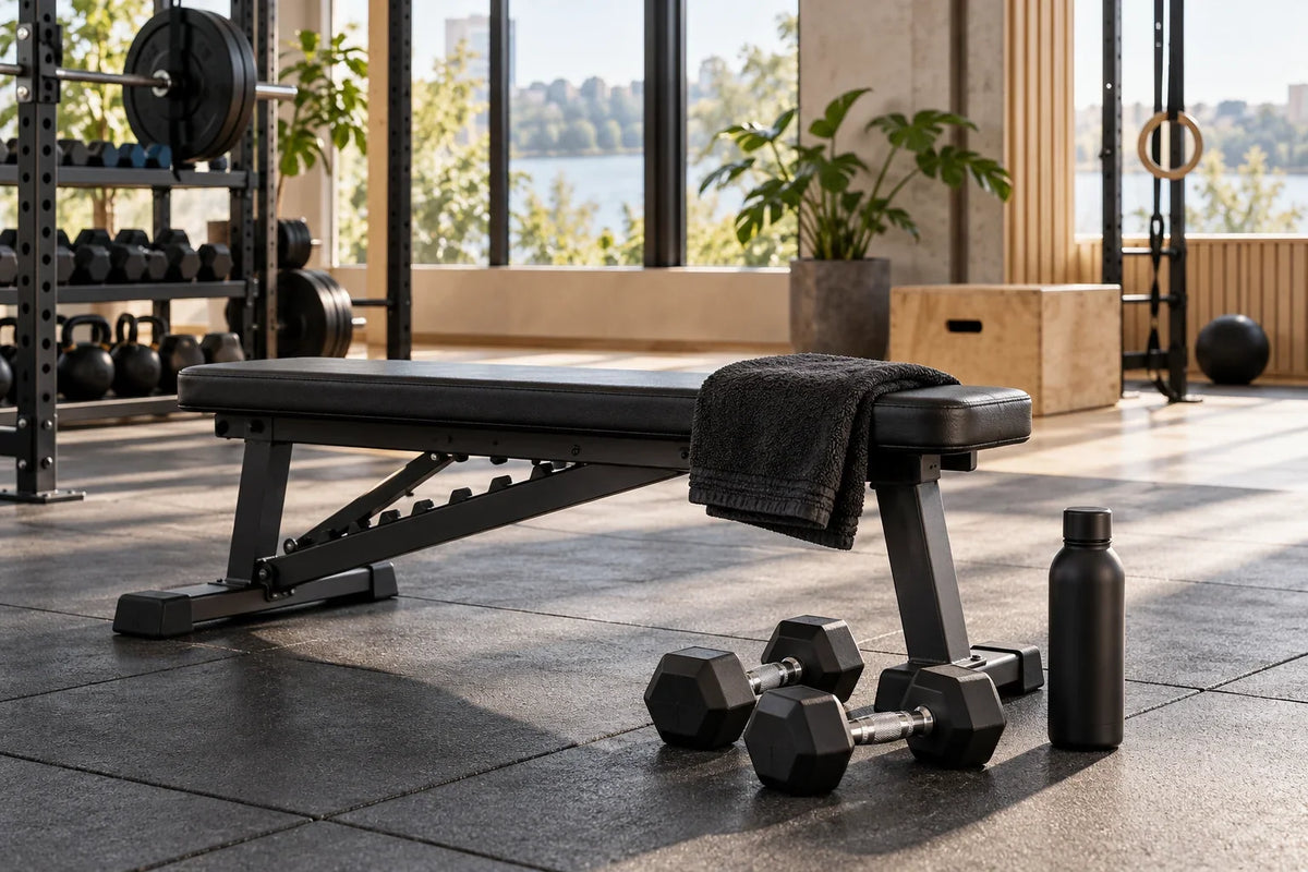 En träningsbänk, lätta hantlar, en hopvikt handduk och en svart flaska i ett ljust gym.
