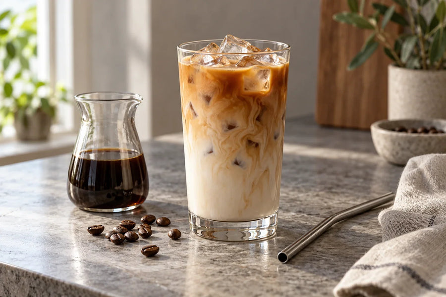 Ett glas ljust iskaffe med isbitar på en stenyta bredvid en liten kaffekaraff och ett metallsugrör.