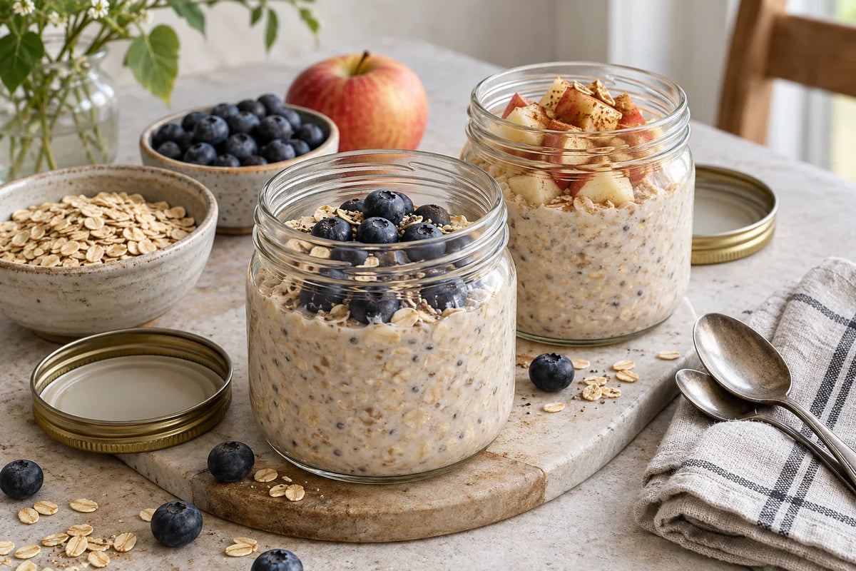 Två glasburkar med overnight oats, toppade med blåbär respektive äpple och kanel.