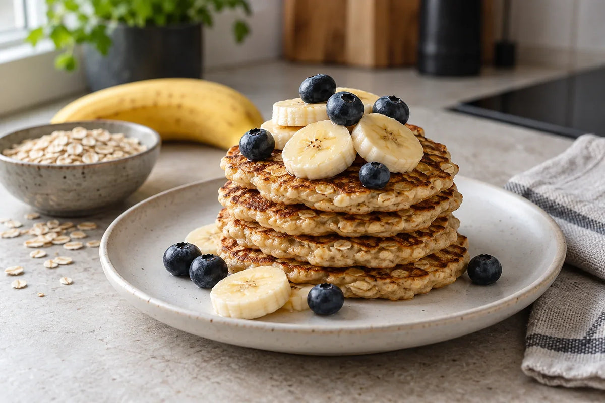 Små havre- och bananpannkakor med bananskivor och blåbär på en ljus tallrik.