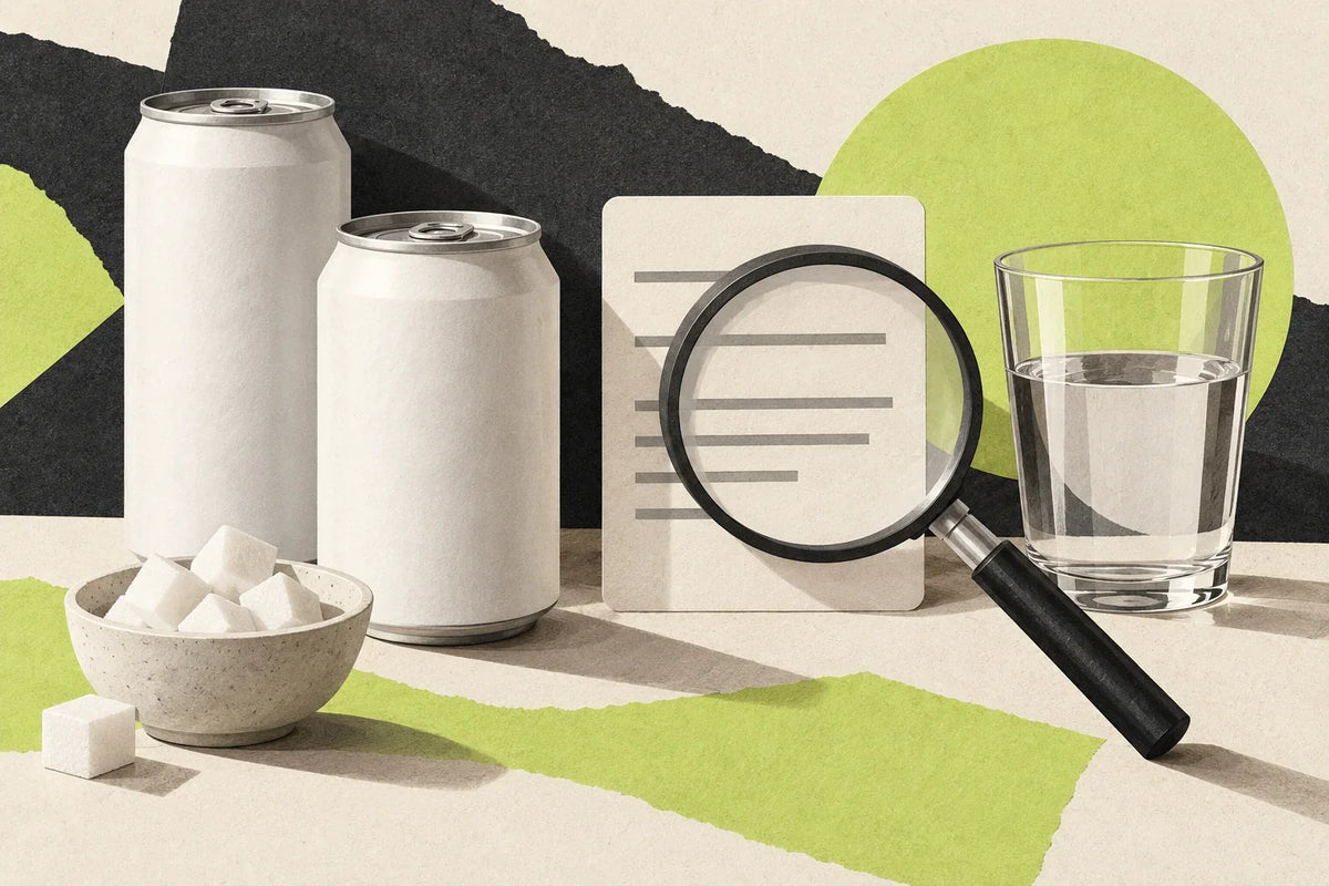 Pappersillustration med två omärkta dryckesburkar, ett glas, sockerbitar och ett förstoringsglas över en etikett.
