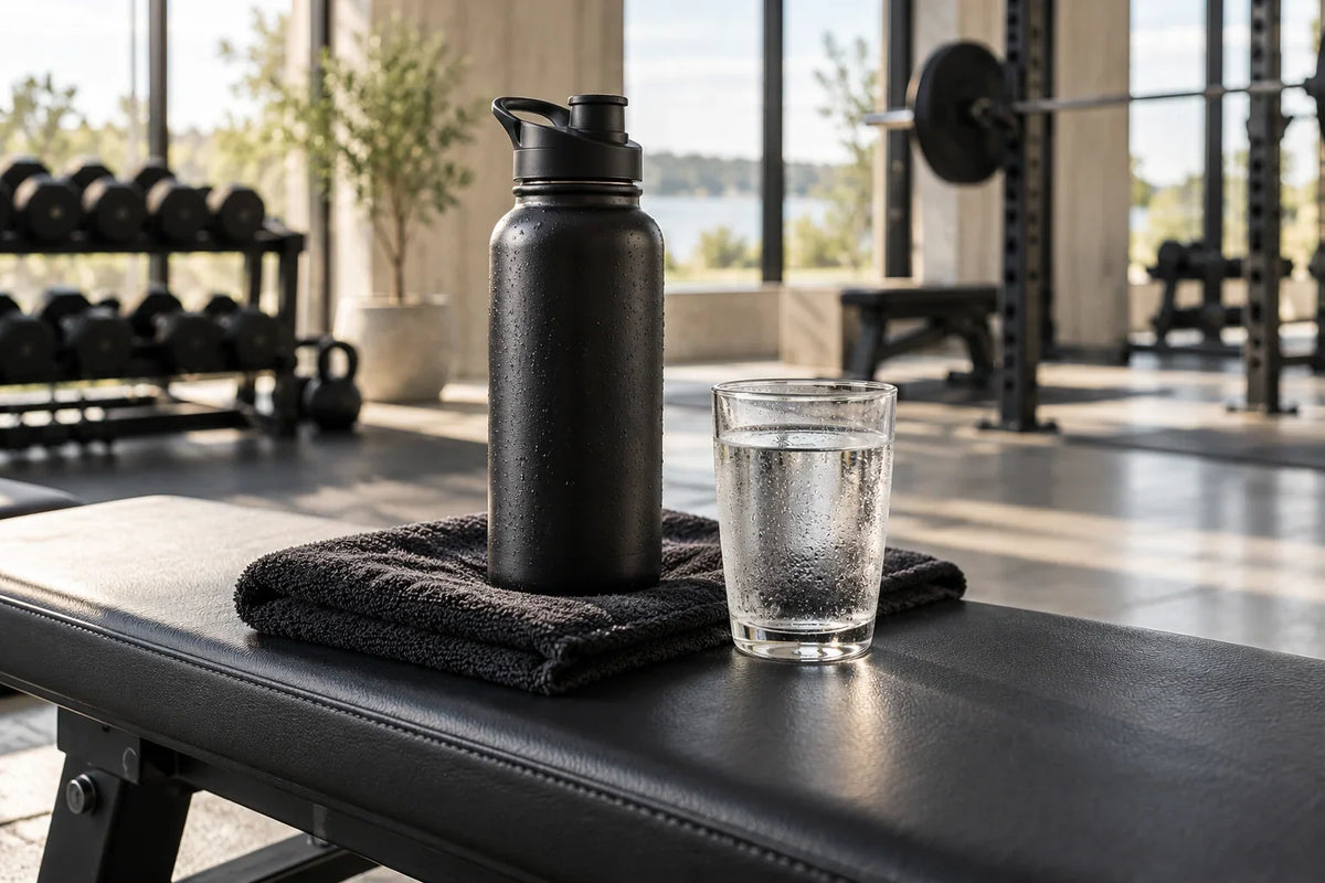 En svart sportflaska på en hopvikt träningshandduk och ett glas vatten på en gymbänk.