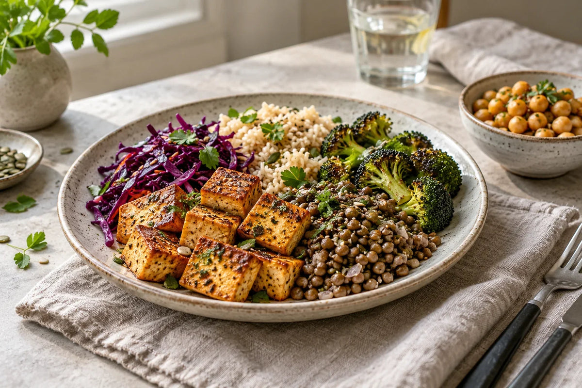 En växtbaserad tallrik med tofu, linser, fullkornsris, broccoli och rödkål samt kikärter vid sidan.