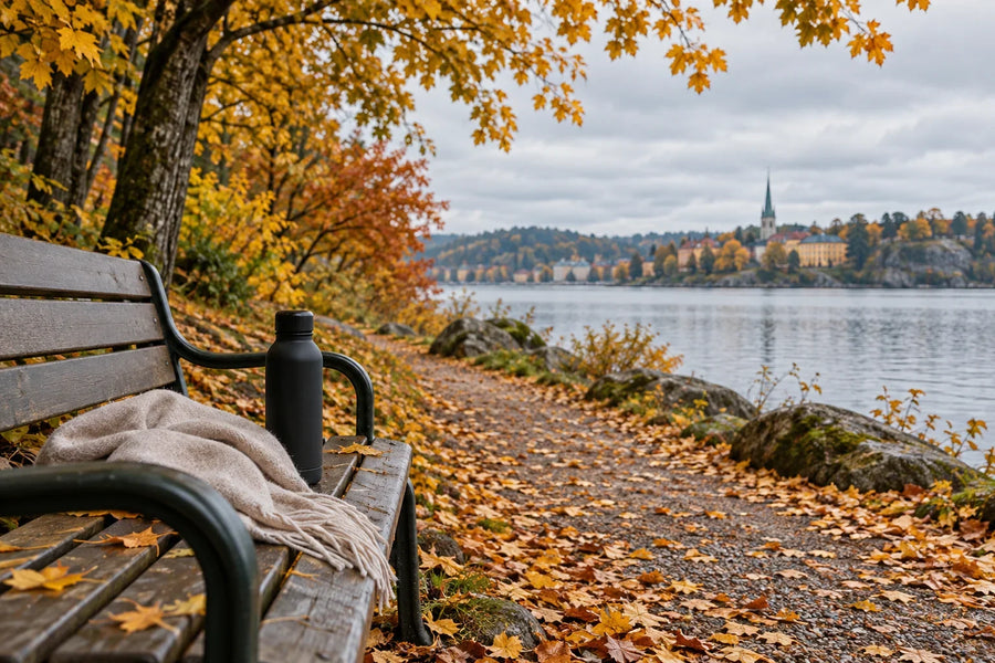 En tom parkbänk med en halsduk och en svart vattenflaska vid en lugn svensk höstpromenad.